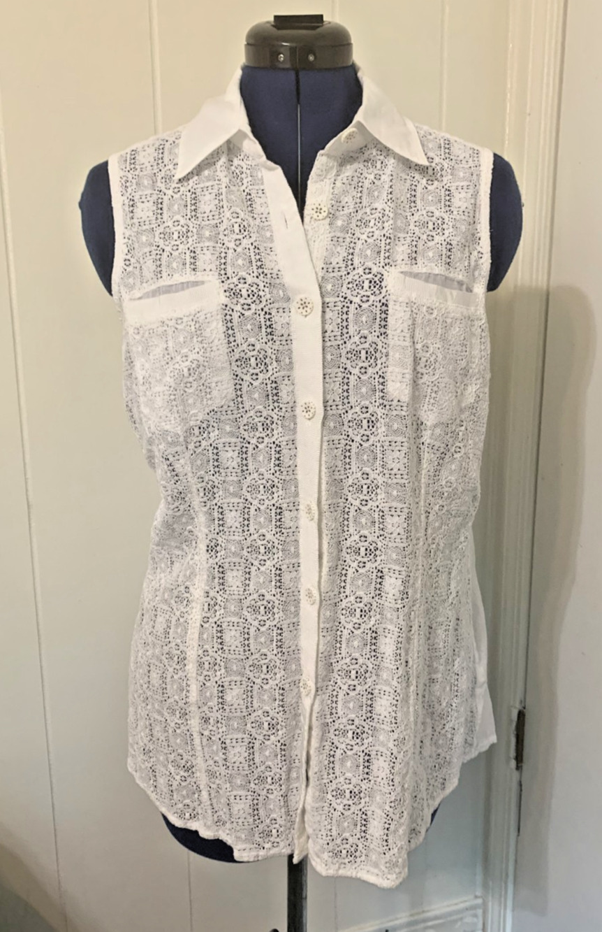 CAbi Shirt Womens Large White Lace Sleeveless Button Front Collared Sheer Blouse
